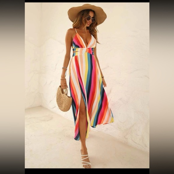 💛💕NWOT Vertical Striped Crisscross Tie Backless Split Thigh Cami Dress SZ S💛 - Picture 1 of 9